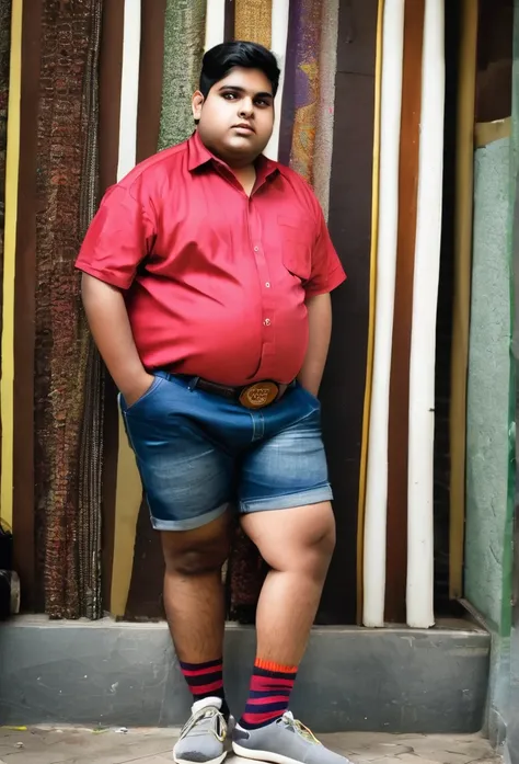 Fat indian 20 year old boy in  shorts socks with short sleeve shirt 