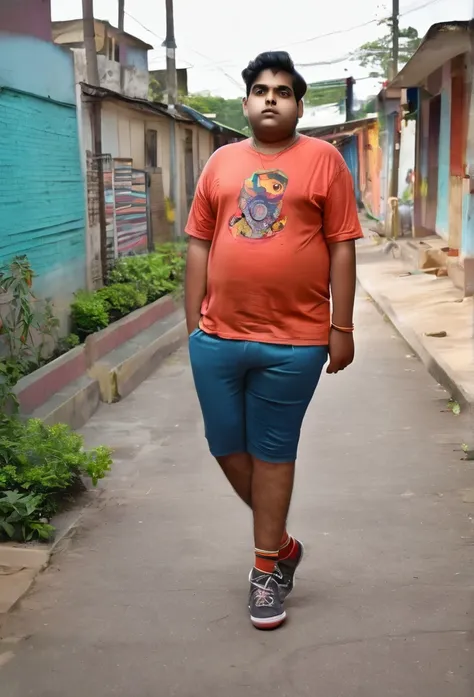 Fat indian 20 year old boy in  shorts socks with short sleeve shirt 