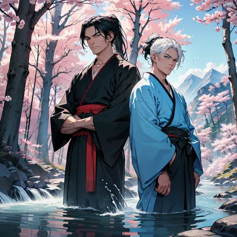 Make a 45 year old man with long black hair in a ponytail with blue eyes wearing a dark red kimono with a katana on his waist along with a 28 year old boy with white hair and green eyes wearing a white and light blue kimono. arms crossed in front of a moun...