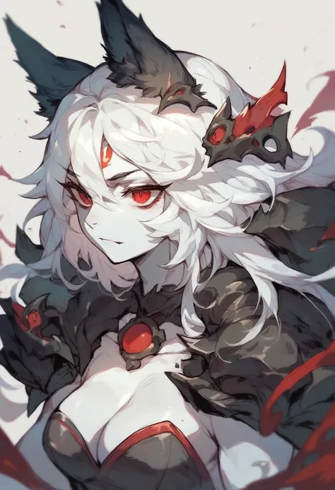 White haired furry wolf girl, Black ears, White skin, Red Eyes,