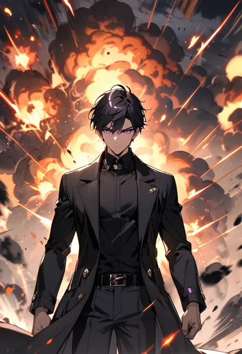 handsome, alone, 1 man, short hair, black hair, purple eyes, black shirt, black coat, Lots of power, explosions.