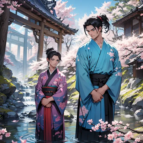 Make a 45 year old man with long black hair in a ponytail with blue eyes wearing a dark red kimono with a katana on his waist along with a 28 year old boy with white short hair and green eyes wearing a white and light blue kimono. arms crossed in front of ...