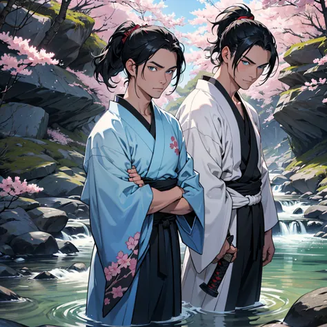 Make a 45 year old man with long black hair in a ponytail with blue eyes wearing a dark red kimono with a katana on his waist along with a 28 year old boy with white short hair and green eyes wearing a white and light blue kimono. arms crossed in front of ...