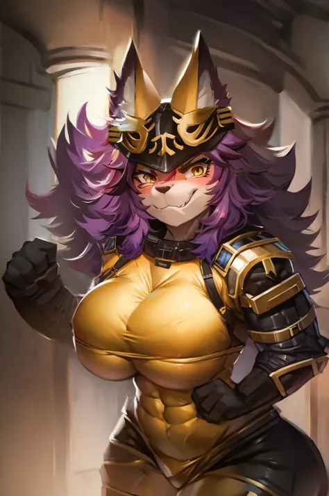 A muscular, busty anthro wolfgirl in riot gear. Despite her armour, her feminine features are plainly visible.