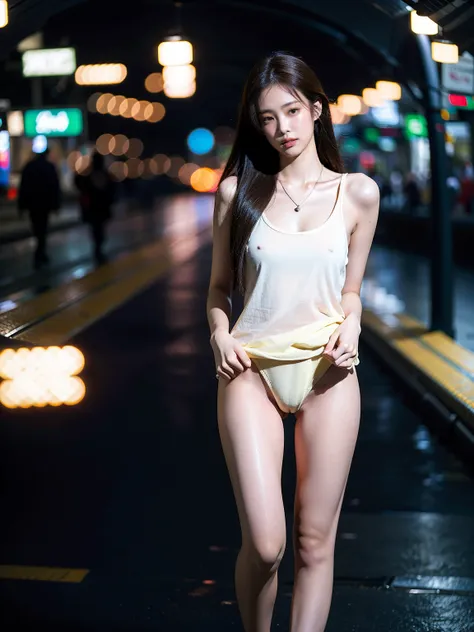 Best quality, masterpiece, ultra high res, (photorealistic), raw photo,1girl, skinny, upper body,solo, realistic, looking at viewer, long hair, bokeh background, (in the underground:1.4), brown eyes, tank-top, necklace, (nsfw:1.4), (full body), medium brea...