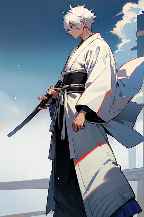 young adult, male, samurai clothing, standing pose, town background. white hair, samurai armor