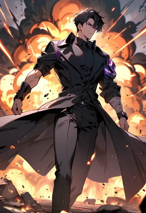 handsome, alone, 1 man, short hair, black hair, purple eyes, black shirt, black coat, Lots of power, explosion, broken arm.