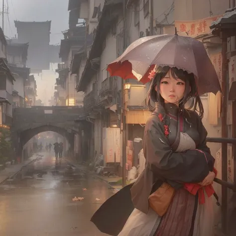 in the rain、Anime girl standing in an alley with an umbrella, artwork in the style of Gwaiz, Gwaiz, Gwaiz on pixiv artstation, Beautiful anime artwork, Gwaiz on artstation pixiv, Gwaiz masterpiece, Anime Style 4k, Anime Atmosphere, Rainy night, Zerochan Ar...