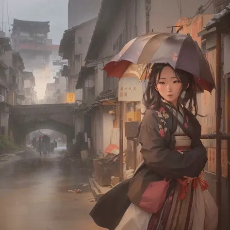 in the rain、Anime girl standing in an alley with an umbrella, artwork in the style of Gwaiz, Gwaiz, Gwaiz on pixiv artstation, Beautiful anime artwork, Gwaiz on artstation pixiv, Gwaiz masterpiece, Anime Style 4k, Anime Atmosphere, Rainy night, Zerochan Ar...