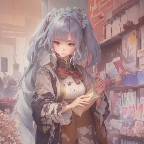 Anime girl in a store with a book in her hands, Anime Style 4k, Alchemist Girl, Cyborg Merchant Girl, Little Lolita Girl, Anime Art Wallpapers 8K, Kantai Collection Style, , Gwayz on pixiv artstation, anime art wallpaper 4k, anime art wallpaper 4k, GweizBl...