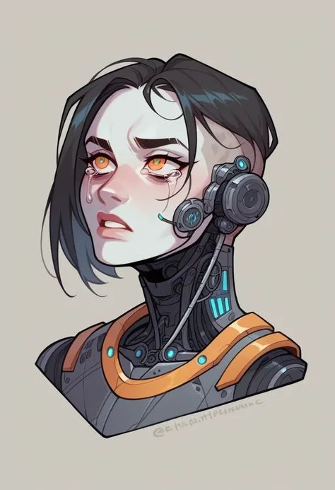 A futuristic female android with a white bob haircut, looking melancholic. Her face is a blend of human and machine, with visible mechanical components and synthetic skin. She has tears running down her face, emphasizing a sense of sorrow or emotional dept...