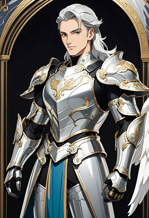 A young man with a silver metallic machine body, Cel animation style, Swan carvings are designed into the armor., I can see your real face, Armor in the shape of a swan&#39;s wing, A man with long yellow blonde hair, Long Hair, Silver armor over blue cloth...