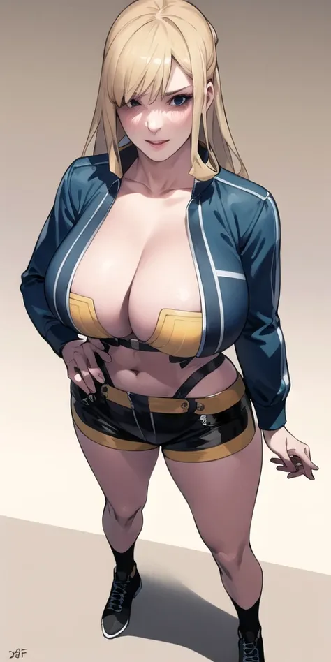 full body, (masterpiece), (best quality), ultra high res, ultra detailed, detailed eyes, intricate, 1girl, blond hair, looking at viewer, bbyorf, large breasts, cleavage, collarbone, denim, denim shorts, jacket, long sleeves, ((open clothes)), open jacket,...