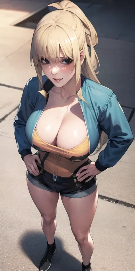 full body, (masterpiece), (best quality), ultra high res, ultra detailed, detailed eyes, intricate, 1girl, blond hair, looking at viewer, bbyorf, large breasts, cleavage, collarbone, denim, denim shorts, jacket, long sleeves, ((open clothes)), open jacket,...