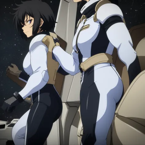 closed mouth, (16 years old), 1girl, (((genderbend))), (((female))), wide hips, narrow waist, (space helmet:1.1), 1st pilotsuit, 1st bodysuit, cockpit, monitor, ((anime artstyle)), long eyelashes, black hair, (((solo)))