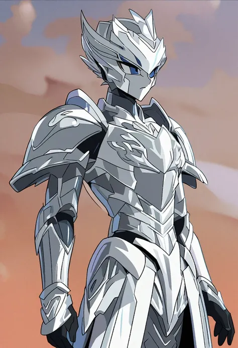 A young man with a silver metallic machine body, Cel animation style, Swan carvings are designed into the armor., I can see your real face, Armor in the shape of a swan&#39;s wing, (((A man with long yellow blonde hair))), Long Hair, Silver armor over blue...