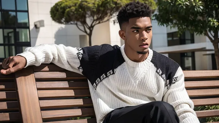 (( black male, 22 years old, handsome, strong built)) ((Wearing square design printed white sweater)) standing up from the bench, taking a deep breath with a look of determination, ready to face their fears and challenges.