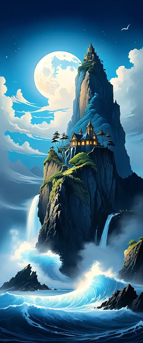 A huge cliff in the middle of the sea(There are rough waves and spray under the cliff)，A mysterious island with a waterfall in the middle，There is a crystal castle on the mysterious island surrounded by mountains.(Emits a very bright blue light)The light o...