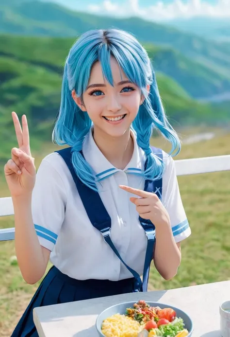 masterpiece, Highest quality, Highly detailed CG Unity 8k wallpaper, High School Girl Anime Illustration. Wear a uniform、She is making a peace sign while eating lunch、Blue Hair、she has her eyes closed and mouth open, smile. The background is a light pastel...