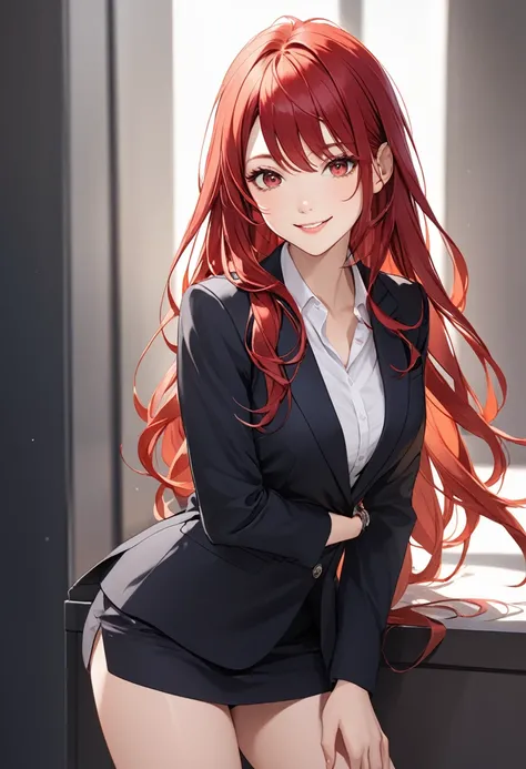 long redhead hair, loose hair, wearing formal business clothes, a short skirt, looking at the camera, smiling, eyes large, Eyes red