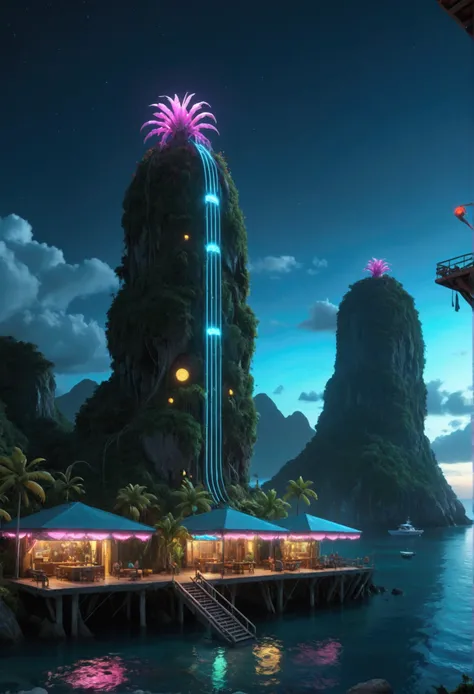 a tropical island, neon glow, bio-mechanical animals, bioluminescent fruits, island at night, coastal view, cinematic lighting, vibrant colors, futuristic, concept art, ultra-detailed, 8k, photorealistic, professional, masterpiece
