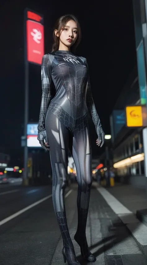 a malay teenage girl in hijab and mecha suit standing in action in front of bustling kuala lumpur malaysia city streets, serious face, nighttime, 35mm lens, Extreme close-up, pastel color grading, depth of field cinematography effect, film noir genre, 8k r...