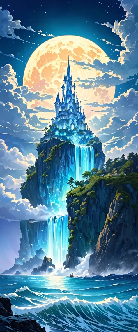 A huge cliff in the middle of the sea(There are rough waves and spray under the cliff)，A mysterious island with a waterfall in the middle，There is a crystal castle on the mysterious island surrounded by mountains.(Emits a very bright blue light)The light o...