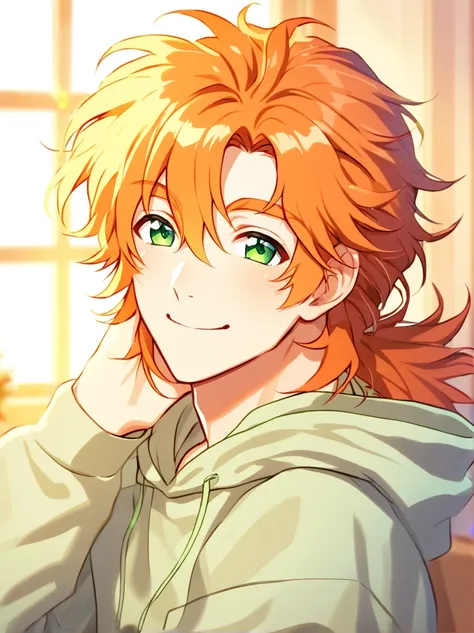 Solo male, male, orange hair, green eyes, mullet hair, smiling, happy, cozy background, shining light, perfect eyes, wearing hoodie 