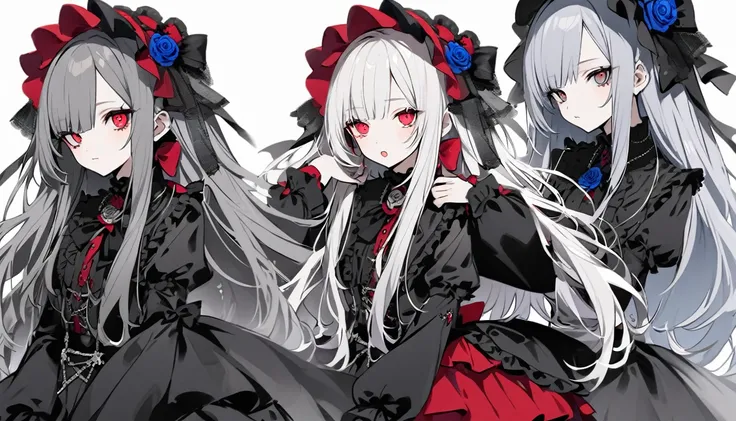 Teen Girl Characters。gray hair color、Glowing red eyes、Long Hair、There is a mole under the left eye。Without background、Depict people only。Gothic Lolita Fashion、bluerose、Blue rose