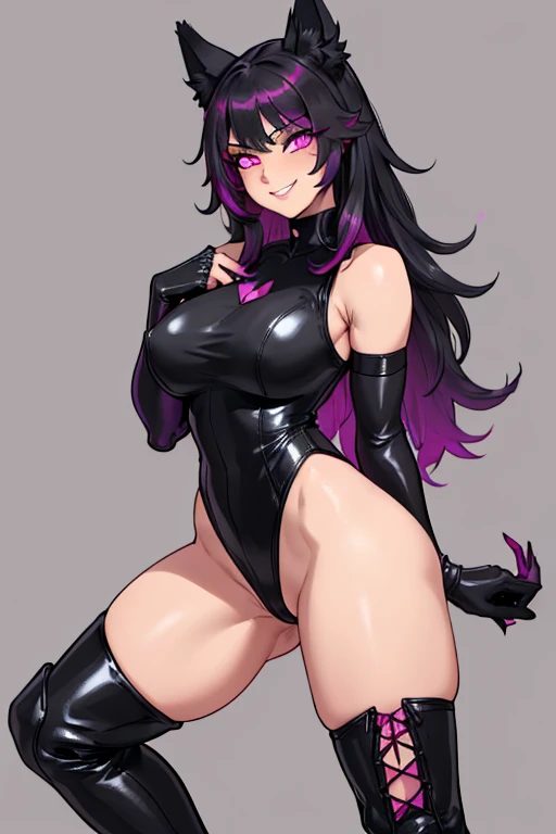 female, black long hair with magenta highlights, silver eyes, black wolf ears, black wolf tail, (((1girl))), (((black leather sleeveless leotard with magenta trim))), (black opera gloves), (black metal gauntlets), (black thigh high heeled boots), (black be...