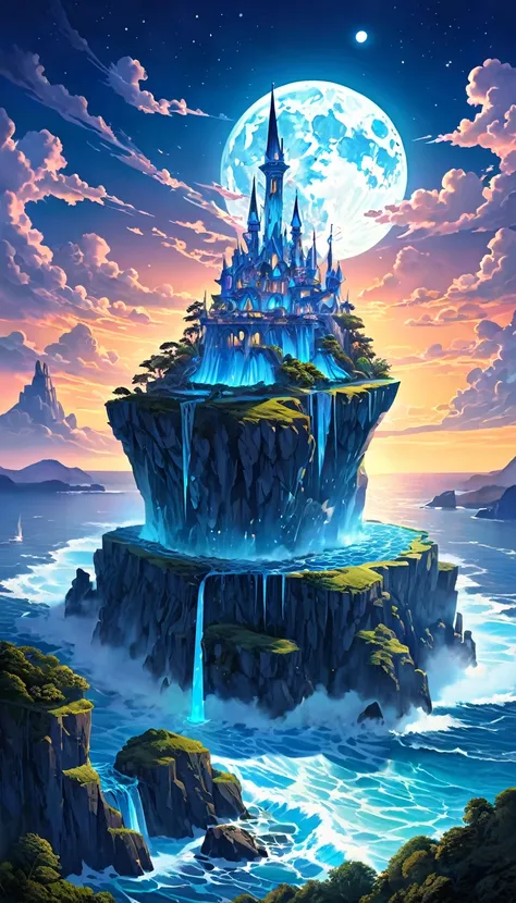 A huge cliff in the middle of the sea(There are rough waves and spray under the cliff)，A mysterious island with a waterfall in the middle，There is a crystal castle on the mysterious island surrounded by mountains.(Emits a very bright blue light)The light o...