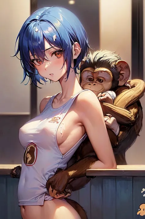 masterpiece, best quality,anime style, 1 girl,(((slender body))), (((small eyes,small breast,breast milk,breastfeeding a monkey baby))),(((baseball uniform))),(((((a monkey baby grabbing the girl))))),((((cum)))), (beautiful face), (((short hair))), (((str...