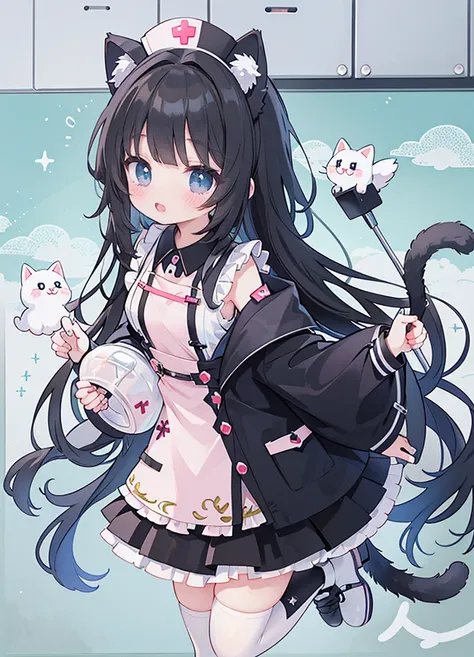 masterpiece,best quality,Official Art,Extremely detailed CG unity 8k wallpaper, beautiful girl,Nurse, Kawaii,with her cat ears up, anime girl ,standing,Wearing white stockings,mini skirt,sleeveless tops,energetic and cute,black hair,long hair,Nurse tiara