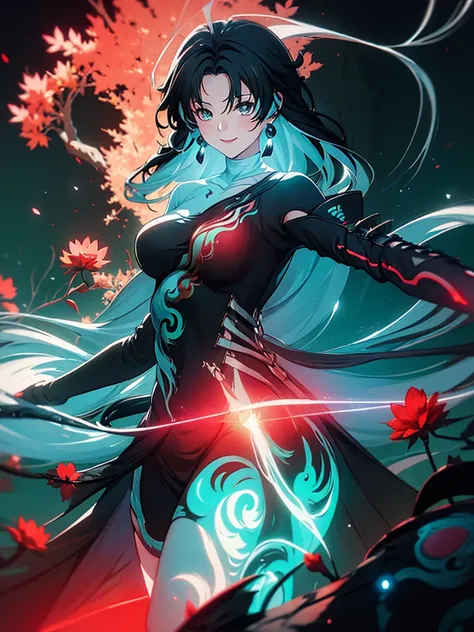 ((semi realistic)), ((anime girl)), acheron, black red particle, ((cyan aura surrounding character)), forest, tao symbol, wide s...