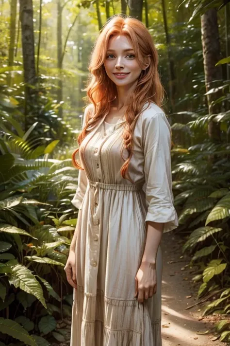 47 year old Human long strawberry blonde hair, human female smiling in a forest with a pleasant expression. Wearing a cotton and linen dress with multiple colors.
