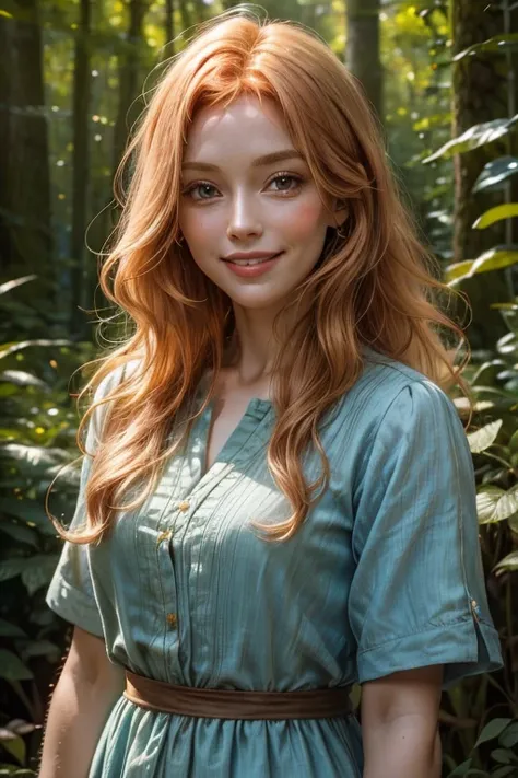 47 year old Human long strawberry blonde hair, human female smiling in a forest with a pleasant expression. Blue, Brown, Green. Wearing a cotton and linen dress with multiple colors.
