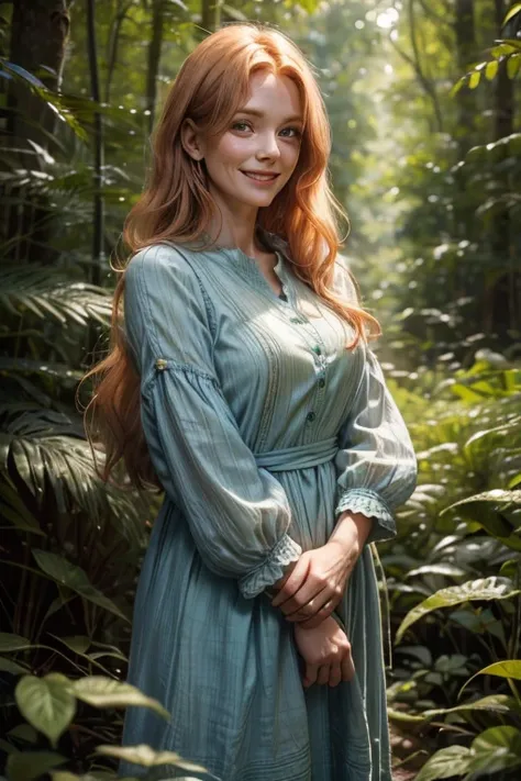 58 year old Human long strawberry blonde hair, human female smiling in a forest with a pleasant expression. Blue, Brown, Green. Wearing a cotton and linen dress with multiple colors.
