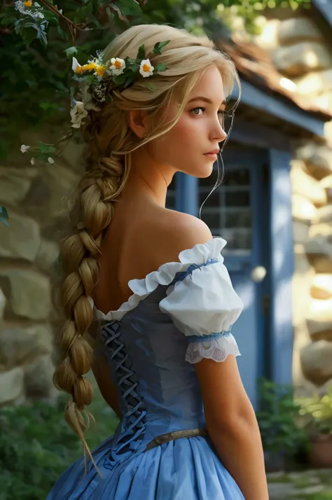 rapunzel, her summer dress is beautiful、she is standing in front of the cottage