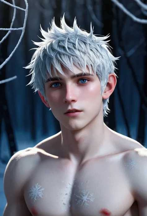 (Jack Frost: 1.6), full body shots  photorealistiic young man, 18 years old, milk white skin, blue eyes, white hair, shirtless, 6-pax abs, (full body shot), young boy, 18 years old, beutiful, perfect, milk white skin, slim body, very detailed blue eyes, ve...