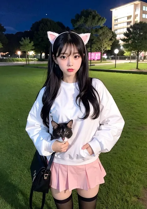 (masterpiece), best quality, expressive eyes, perfect face Japanese
girl korean wearing white long sleeve wearing pink pmibi skirt wearing black headset
Carrying a cat 
Place in the park at night 