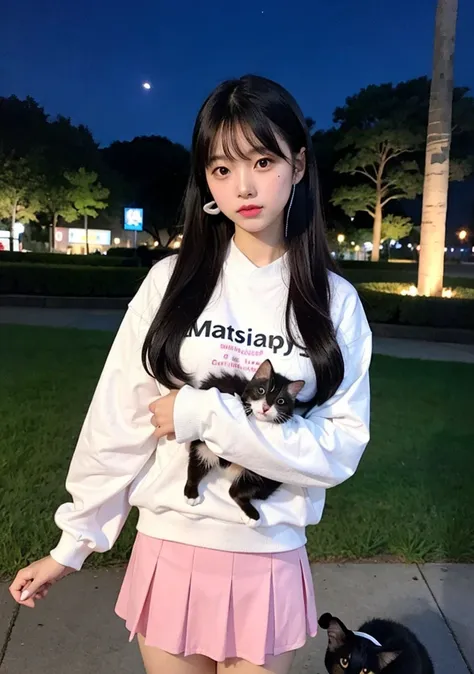 (masterpiece), best quality, expressive eyes, perfect face Japanese
girl korean wearing white long sleeve wearing pink pmibi skirt wearing black headset
Holding a cat 
Place in the park at night 