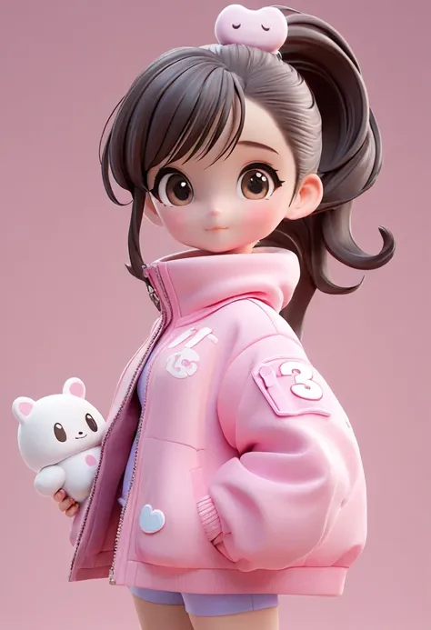 wearing a ponytail、marshmallow in hand、cartoon girl in pink jacket, cute 3d rendering, cute cartoon characters, rendering a cute...