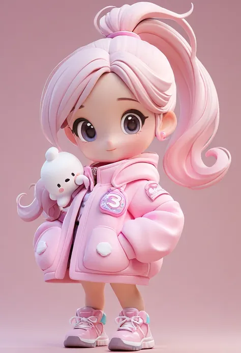 wearing a ponytail、marshmallow in hand、cartoon girl in pink jacket, cute 3d rendering, cute cartoon characters, rendering a cute...