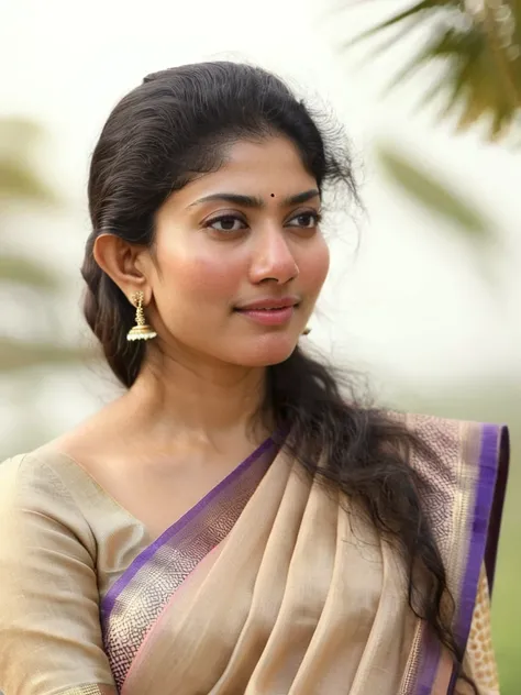 ultrarealistic hires close up photo of a 30-year-old sai pallavi woman, outdoors, realistic skin texture, looking looking at camera, high collar intricate (silk_saree_blouse:1.2), tied hair, beautiful bokeh background 