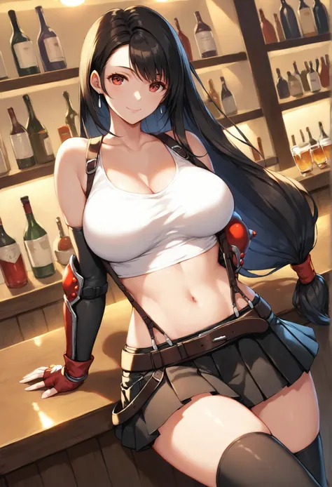 (score_9, score_8_up, score_7_up),  (best quality, masterpiece),perfect anatomy,(aesthetic,very aesthetic),official style,(intricate.hyper-detailed),overall detail, (ultra-high resolution), 1girl, tifa lockhart, final fantasy,(beautiful woman).tareme, blac...