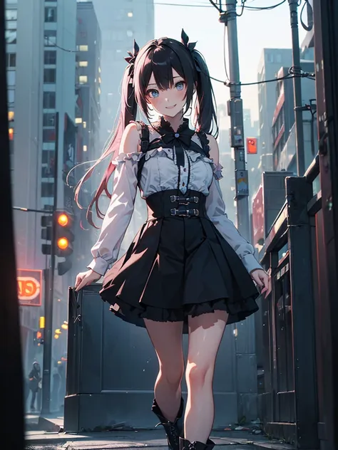 (masterpiece,Super Detail,In 8K,Best Original Score,Moody lighting,Photorealistic,Dynamic Shot:1.5),hatsune miku,Dangerous Vampire,Adult sexy body,Light blue twin tails,smile,Double teeth,A small pink heart on her cheek,Pink and black color fashion,Jirai f...