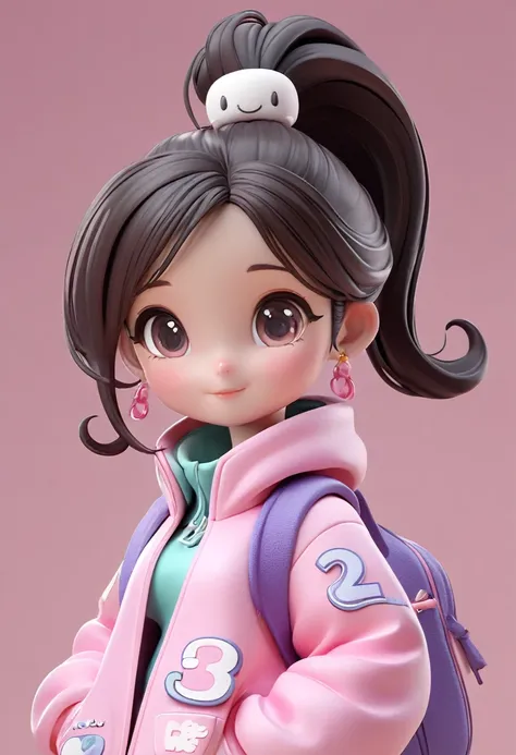 wearing a ponytail、marshmallow in hand、cartoon girl in pink jacket, cute 3d rendering, cute cartoon characters, rendering a cute...