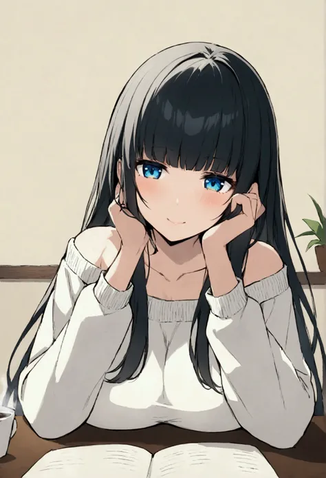 Hime cut with long black hair、Has straight bangs and blue eyes、A girl with very large breasts wears an off-the-shoulder sweater。Drinking coffee at desk。The girl has a relaxed, calm and satisfied look。