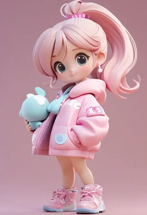 wearing a ponytail、marshmallow in hand、cartoon girl in pink jacket, cute 3d rendering, cute cartoon characters, rendering a cute...