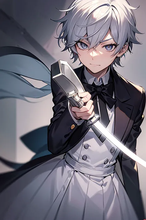 Content: An anime male character with white hair and grey eyes in a butler uniform with a dress sword and black bow tie. The character has a confident smirk and a mature look.

Medium: Digital art, anime illustration.

Style: Inspired by the works of Hajim...